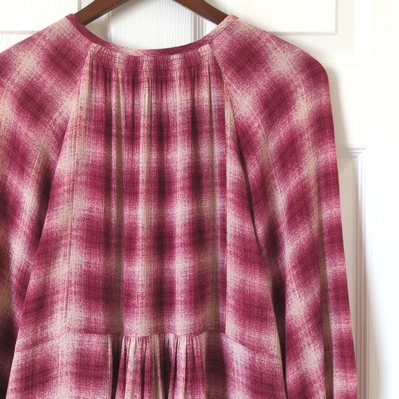 Maeve Calavan Plaid Oversized Three Quarter Sleeve Button Up Peplum Blouse Pink - Picture 14 of 15